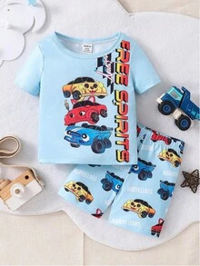 5件/套 随机发货 1套幼儿男童紧身睡衣，汽车字母印花，云朵装饰，休闲凉爽夏季短袖短裤睡衣套装 - 彩色 - 查看 4