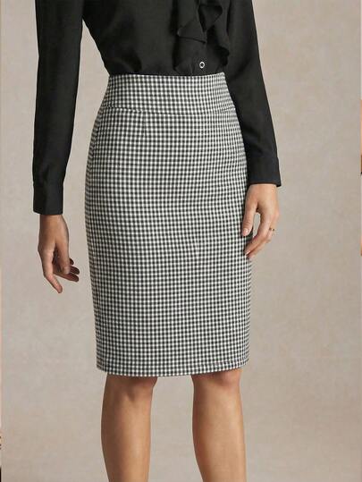 BizChic 2026 Spring New Black & White Plaid Pattern Elastic Knit Bodycon Slim Skirt, Fashionable Minimalist All-Match Versatile Skirt Suitable For Multiple Occasions - Party, Work, Urban Commute