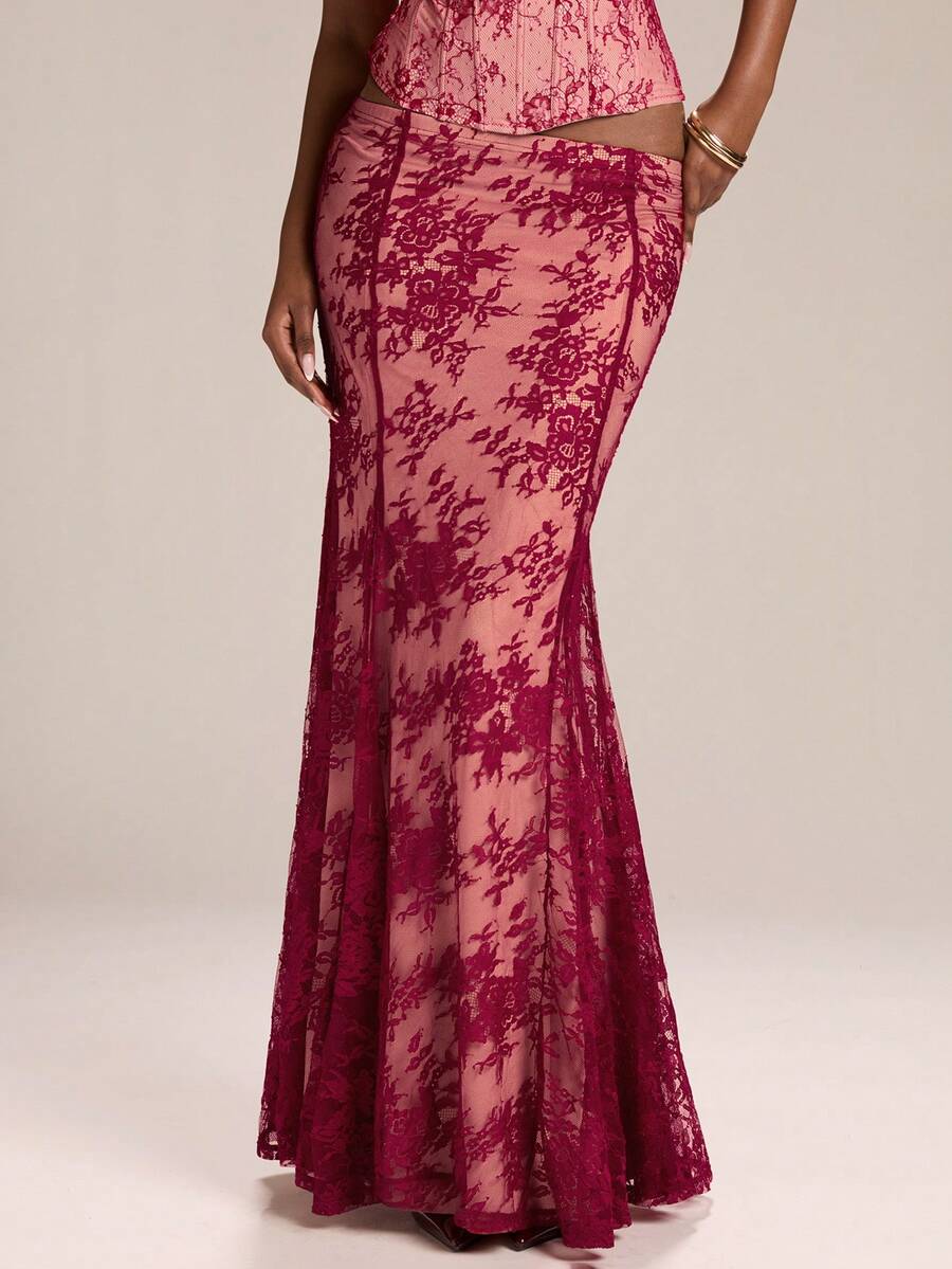 SHEIN BAE Women's Elegant Lace Mermaid Hem Skirt, ,Suitable For Wedding Season, Graduation Season, Night Out, Party Activities, Travel, Party Festivals,Women's Elegant Skirt,Red Skirt - Red - View 1