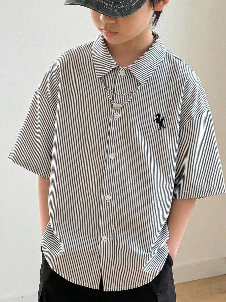 Little Byeori Bộ 2 áo sơ mi tay ngắn cổ bẻ kẻ sọc đơn giản, thoải mái, thời trang cho bé trai tuổi teen, phù hợp cho mùa xuân và mùa hè.