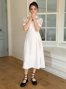 Dazy Kids Tween Girl Lace Patchwork Sheer Elegant Short Sleeve Dress - Apricot - View 8