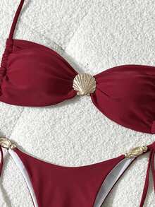 Swim Chiccia Bộ bikini mùa hè cho nữ, màu trơn, không gọng, họa tiết vỏ sò, áo bơi và quần bơi buộc dây bên hông. - Màu Đỏ Sâu - Xem 4