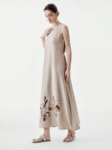 Aalyst Women's Spring/Summer Casual Elegant Linen-Look Sleeveless Belted Dress With Embroidery, Suitable For Outings, Dates, New Year, Valentine's Day, Easter, Mother's Day, Middle Eastern Weddings, Commuting, Romantic Vacations, Khaki With Pockets - Khaki - View 3