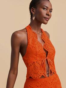 Travachic Women's Halter Neck Embroidered Tie-Front Crop Top And Mini Skirt 2-Piece Set, Fashionable For Dates And Parties - Orange - View 1