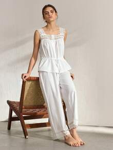 Ocili Women's Contrast Lace Sleeveless Button-Up Top And Pants Pajama Set - White - View 1