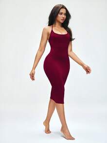 SHAPORA Shiny Minimalist Comfortable Halter Neck Casual Fitted Fashionable Nightgown, Women - Burgundy - View 2