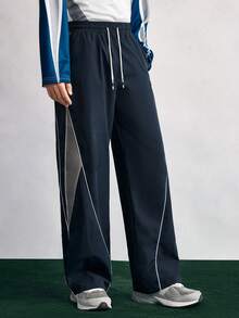 Open Phase Men 1pc Comfortable Elastic Waist Drawstring Casual Straight Loose Wide Leg Pants, Sporty Contrast Color, Fall Spring To Summer Relaxed Fit For Men ,Summer Holiday Outfits , Retro American, Unisex, Relaxed Fit Summer Outfits – Suitable For Everyday Wear And Summer Holiday Outfits. - Navy Blue - View 6