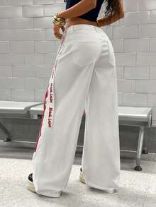 StreetHx Women's Letter Print Pocket Wide Leg Loose Casual Jeans - White - View 2