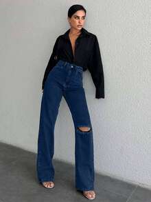 EURMUSE Jeans décontractés droits amples avec poches pour femmes - bleu indigo - Voir 5