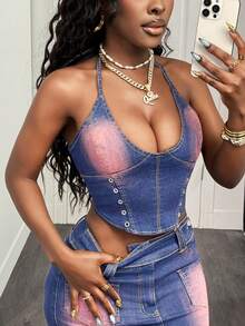 Slaydiva 性感露背牛仔吊带露背上衣，复古水洗紫色，Y2K风格，夏季休闲款。适合春季、情人节、嘉年华、海滩等场合穿着。 - 紅色 - 查看 4