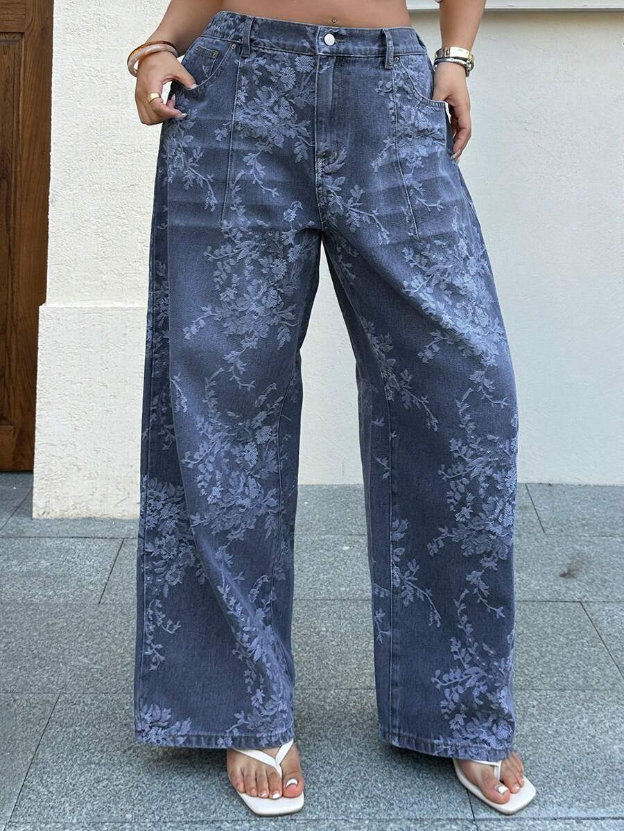 Dazy Plus 印花宽松直筒休闲牛仔裤，街头风，四季皆宜 - 中等水洗藍 - 查看 1