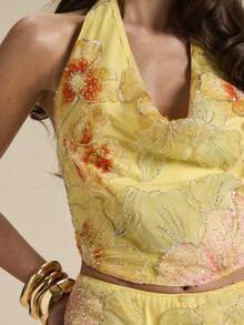 SHEIN BAE Summer Yellow Rhinestone,Sequin & Pearl Floral Backless Draped Neck Tank Top,Orange And Yellow Seductive Party Night Beach Vacation Glamorous Camisole - Yellow - View 7