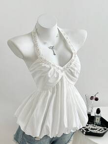 Elamini Sexy Sleeveless Spaghetti Strap Beaded Floral Trim Peplum Camisole Top, Summer - White - View 3