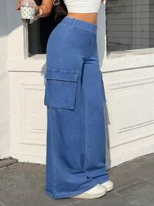 Rivivi Women's Cargo Pocket Wide Leg Loose Casual Versatile Jeans - Blue - View 4