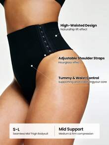 SHAPORA 1pc Women Seamless High Waist Shapewear Shorts, Body Shaping Side Buckle Design - Black - View 5