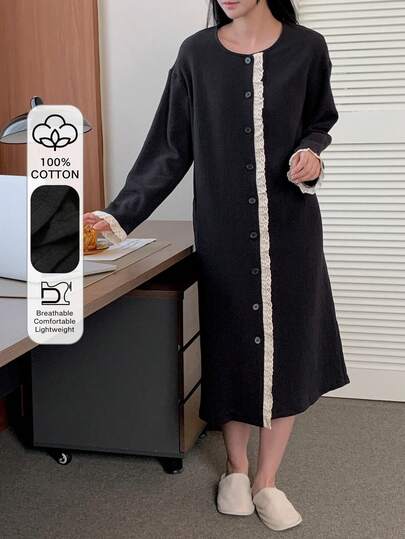 DAZY Contrast Color Ruffle Trim Patchwork Loose Textured Fabric Women Sleepwear Robe