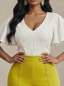 Anewsta Women's Minimalist Commuter Jacquard Ruffle Sleeve V-Neck Tight Top, Summer - White - View 6