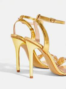 CUCCOO TILAWA Women's Fashionable Sexy Metallic Stiletto Heel Strap Rhinestone Silver High Heel Sandals, Suitable For Banquets, Parties And Other Occasions - Gold - View 5
