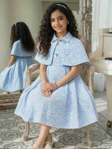 少女优雅水钻装饰罩衫、背心和裙子三件套 - 藍色 - 查看 4