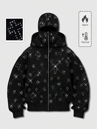 Street Life Felpa con cappuccio con zip e tasche, decorata con strass alla moda, per uomo, adatta per l'inverno