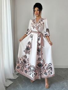 Elenzga Paisley Print Tie-Up Wrap Long Elegant Dress - Apricot - View 3