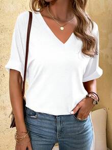 SHEIN Women's Casual Daily Commute Simple Solid Color V-Neck White T-Shirt, Summer - White - View 3