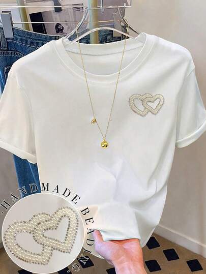 Resyla Women's Casual White Short Sleeve T-Shirt, Fashionable Leisure T-Shirt With Pearl And Rhinestone Heart Decor, Soft And Comfortable, Suitable For Outdoor Wear