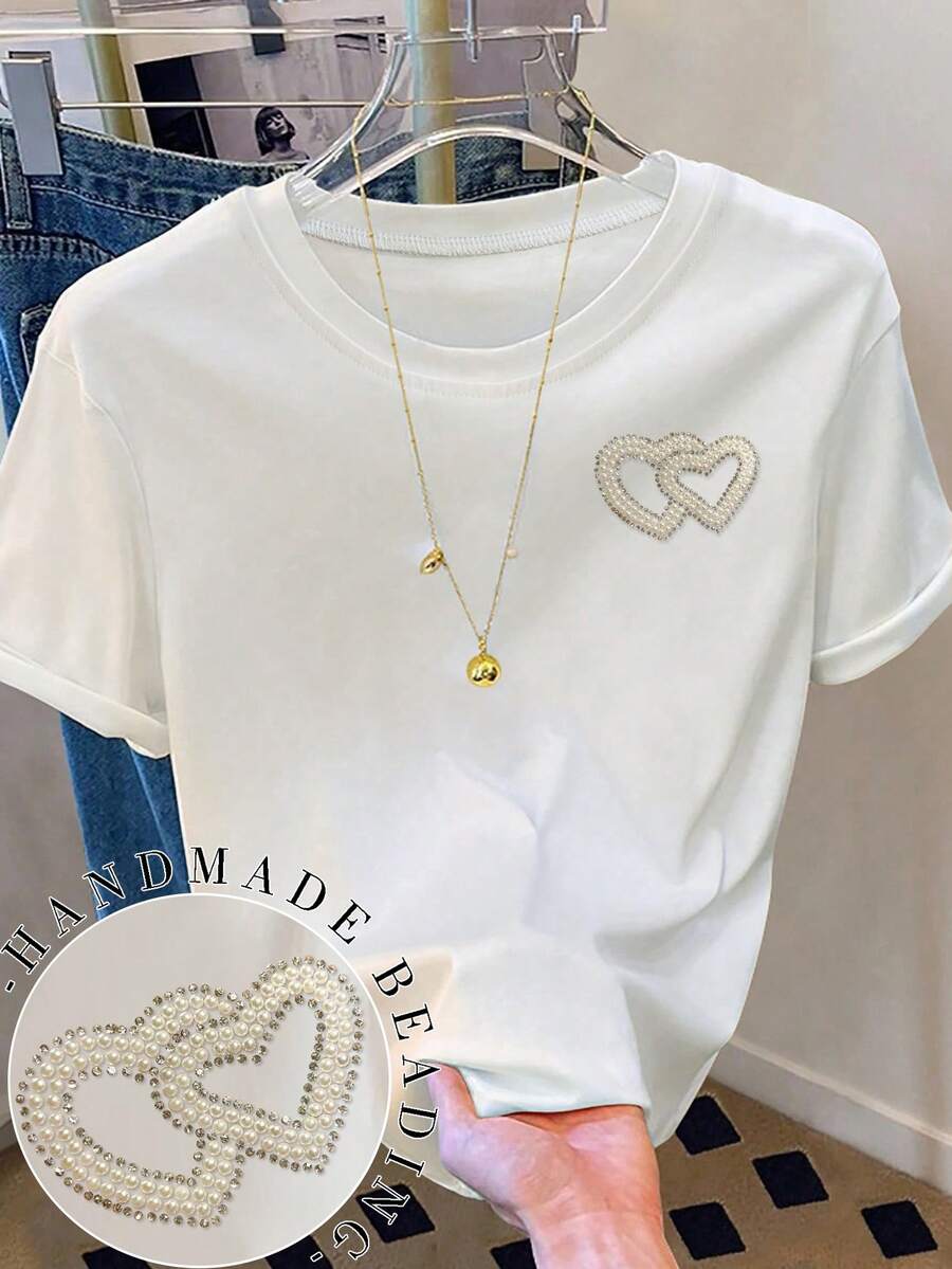Resyla Women's Casual White Short Sleeve T-Shirt, Fashionable Leisure T-Shirt With Pearl And Rhinestone Heart Decor, Soft And Comfortable, Suitable For Outdoor Wear - White - View 1
