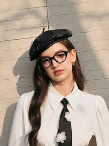 SHEIN MOD 1pc Women's Beret Black Pu Leather Hat Popular In Saudi Arabia Women's Accessories Kpop Elegant - Black - View 12