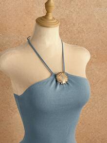 Elamini 性感露背度假针织连衣裙 - 藍色 - 查看 3