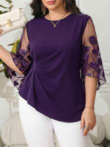 Reflora 大码纯色圆领喇叭袖网纱拼接透视不对称下摆上衣 - 紫色 - 查看 6