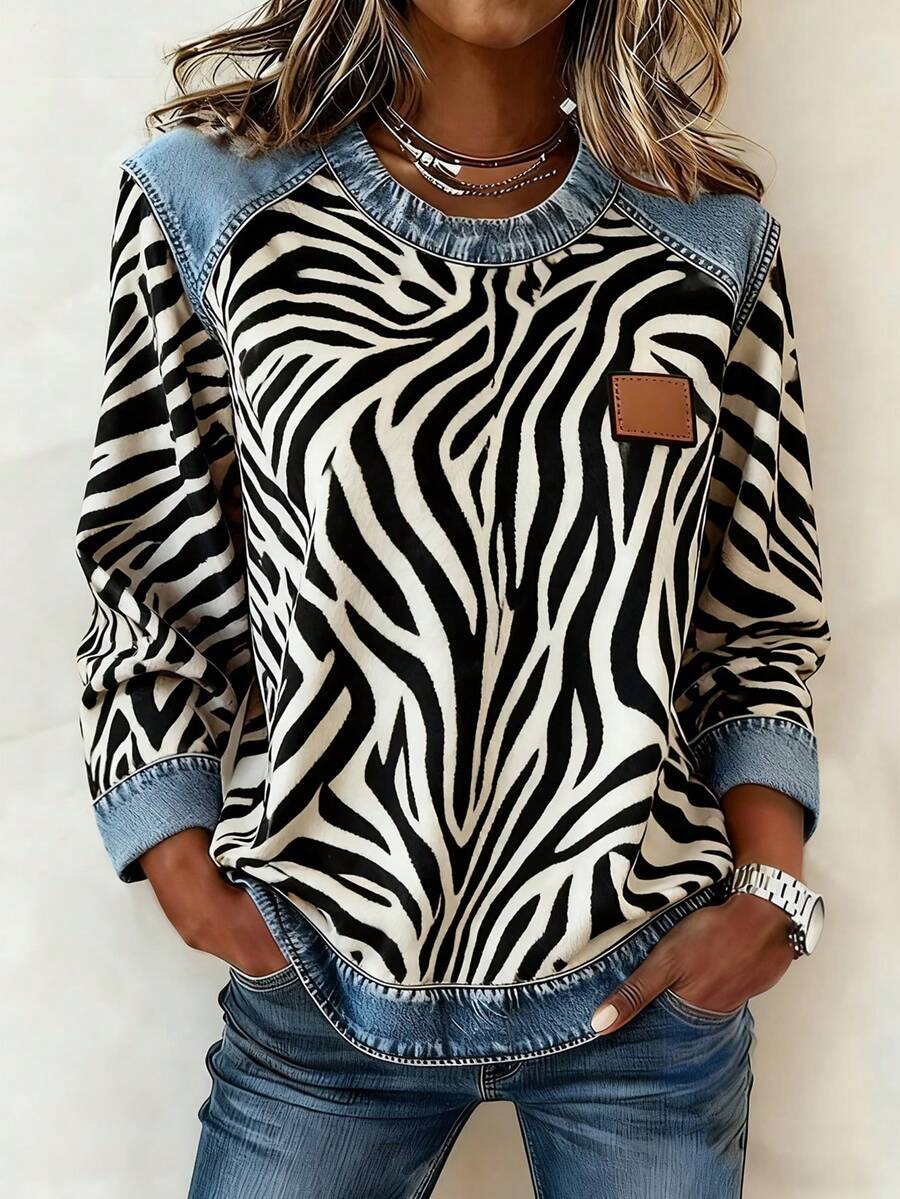 EMERY ROSE Camiseta Casual Solta de Manga Longa com Decote Redondo e Estampa de Zebra em Patchwork para Mulheres - Multicolorido - Visão 1