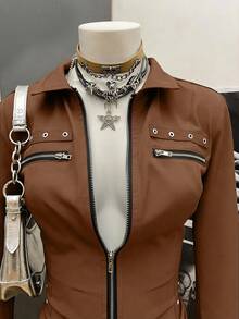 StreetHx Women's Slim Fit Zip-Up Long Sleeve Shirt, Lightweight Cyber Punk Style - Brown - View 4