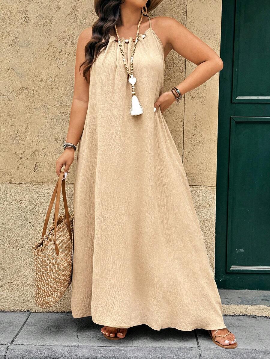 SHEIN LUNE Plus Size Women's Khaki Summer Boho Beach Holiday Beaded Halter Maxi Dress,Elegant Waist-Cinched A-Line Flowy Dress For Vacation,Parties&Weddings - Apricot - View 1