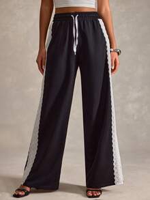 EURMUSE Women Solid Color Side Contrast Detailed Wide Leg Sweatpants - Black - View 4