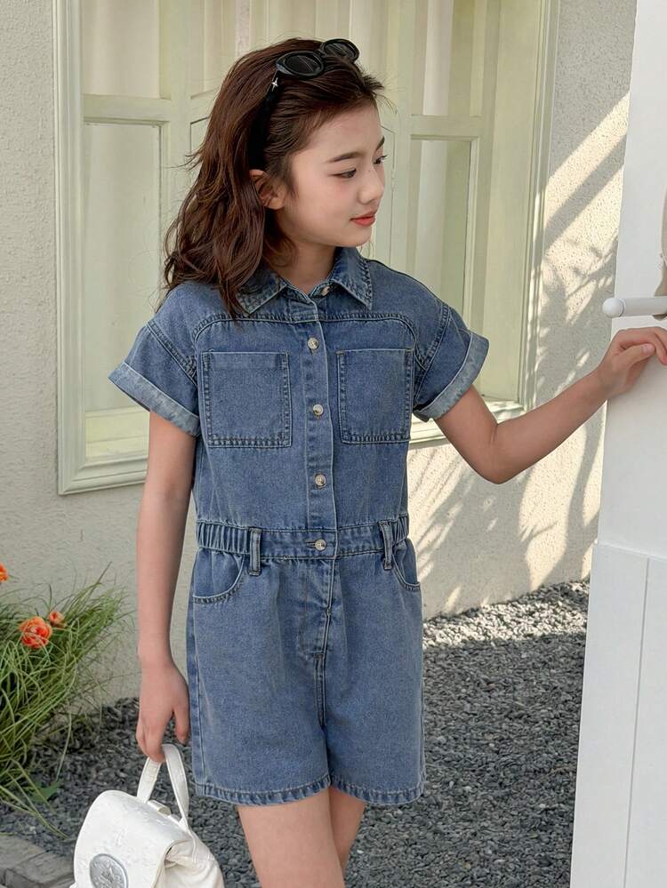 Tween Girl Solid Color Slant Pocket Button Casual Short Sleeve Denim Jumpsuit Summer