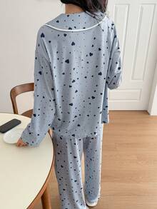 DAZY Heart Pattern Contrast Trim Women Pajama Set - Blue - View 2