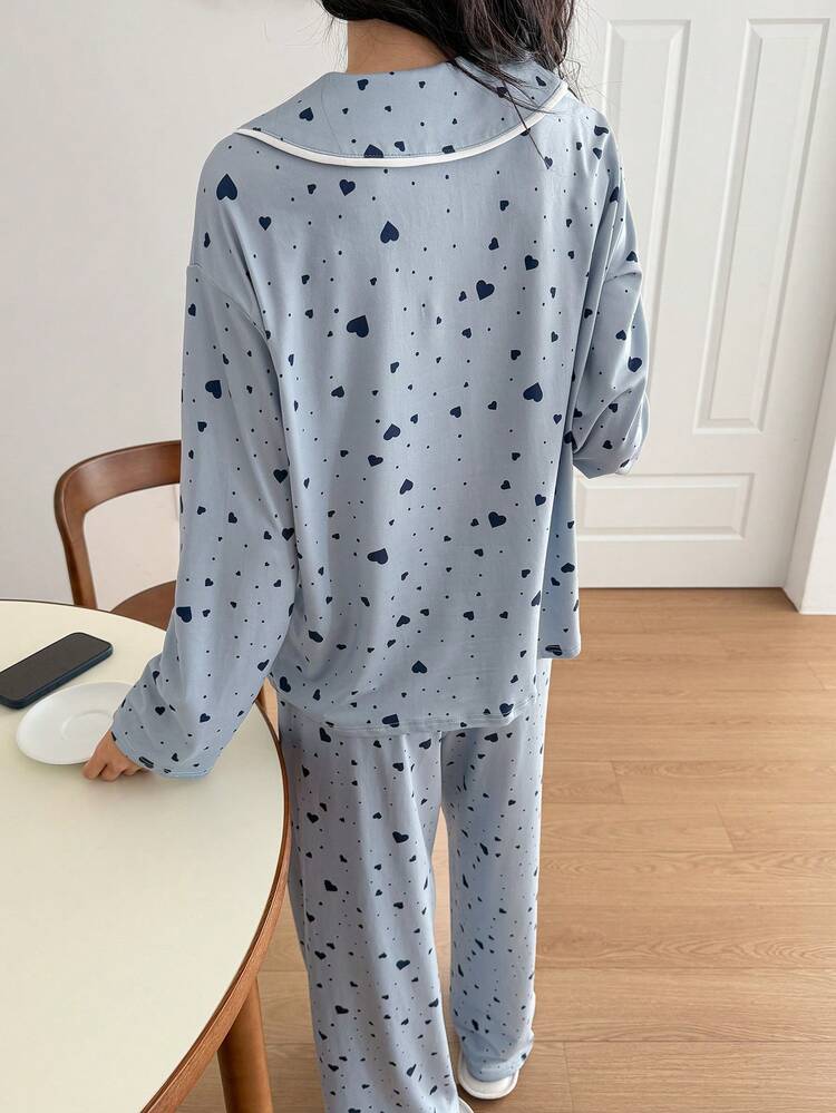 Heart Pattern Contrast Trim Women Pajama Set