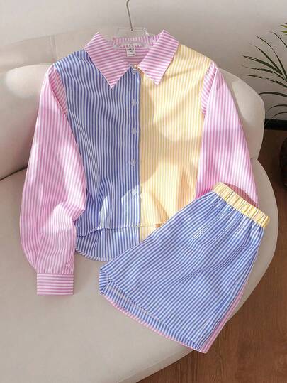 SHEIN 2 件套女童青少年休闲 Polo 领条纹拼布蝴蝶装饰长袖衬衫和条纹拼布短裤套装，适合春秋季