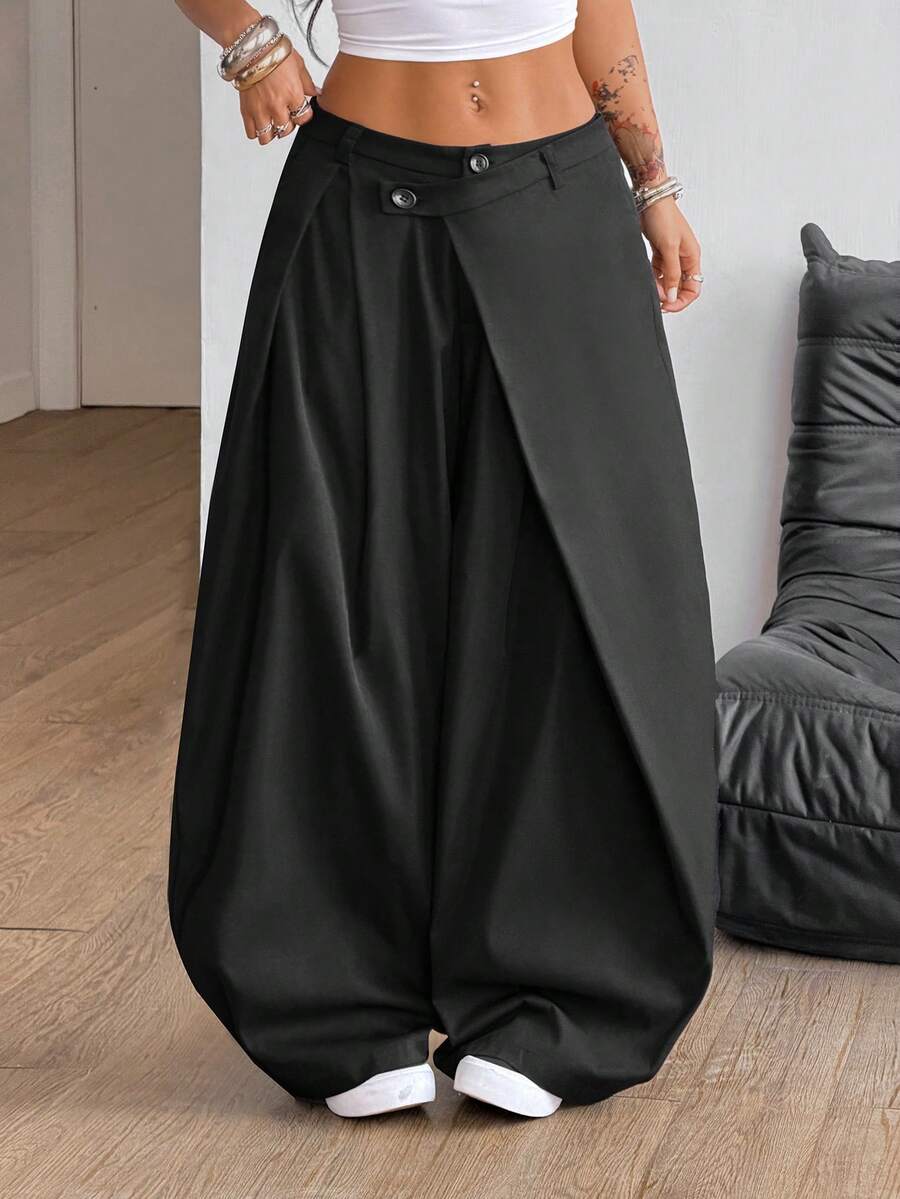 Coolane 女士春夏街头嬉皮学院风商务休闲风宽松灯笼裤，机场，毕业季 - 黑色 - 查看 1