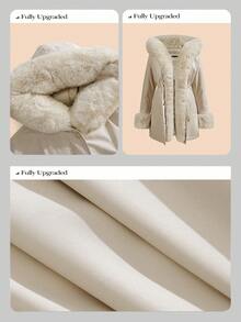 Anewsta Thick Long Fluffy Fur Collar Lined Cinched Waist Parka Coat, Women Padded Coat - Beige - View 3