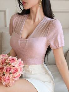 DAZY Áo thun nữ dáng ôm, màu trơn, chất liệu jacquard, thanh lịch, thích hợp cho mùa hè. - Hồng - Xem 6