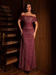 Modelyn Women's Burgundy Mesh Floral Print Off-Shoulder Ruched Waist Elegant Wedding/Occasion Dress - Burgundy - View 6