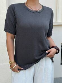Dazy Plus Plus Size Casual Versatile Commute Solid Color Short Sleeve Knit Top - Dark Grey - View 4