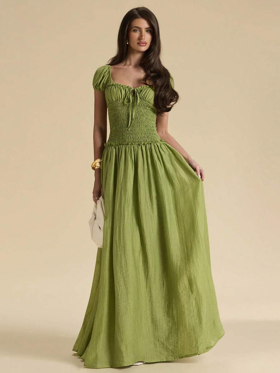 SHEIN BAE 纯绿色纹理露背系带修身连衣裙，纹理褶皱连衣裙，优雅连衣裙，早午餐连衣裙，婚礼宾客礼服，海滩度假连衣裙 - 綠色 - 查看 1