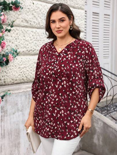 Miaspire Plus Size Women's 3/4 Sleeve Wine Red Floral Print Blouse, Early Spring And Summer Outfits For Women,Flower/Vacation