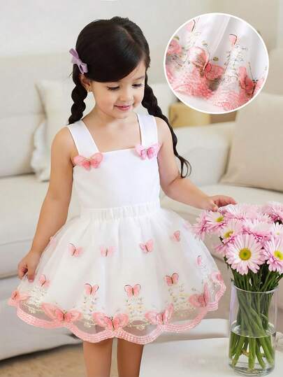 SHEIN Young Girls Sweet Elegant Pink Embroidered 3D Butterfly Mesh A-Line Princess Mini Skirt, Versatile For Casual, Holiday, & Cute Outfits