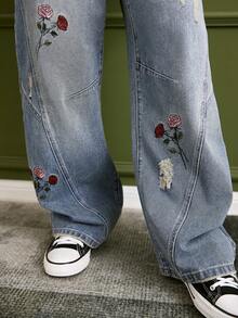 GALLERY FADE 男士休闲街头风刺绣喇叭蓝色牛仔裤 - 中等水洗藍 - 查看 6