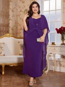 Reflora Plus Size Women Elegant Purple Dress,Formal Wedding Guest Party Dress,Sweetheart Neck Rhinestone & Faux Pearl Decor Bodycon Mermaid Hem,Autumn 2026 - Purple - View 8