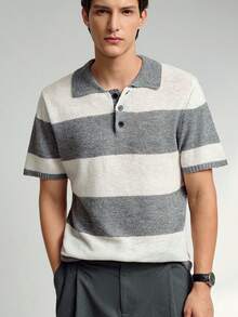 RONVEXI Men's Contrast Color Polo Collar Short Sleeve Casual Knit Top Men Buttoned Knitted Polo Grey Knit Short Sleeve Short Sleeve Mens Striped Polo Shirt Knitted Men Shirt - Grey - View 3